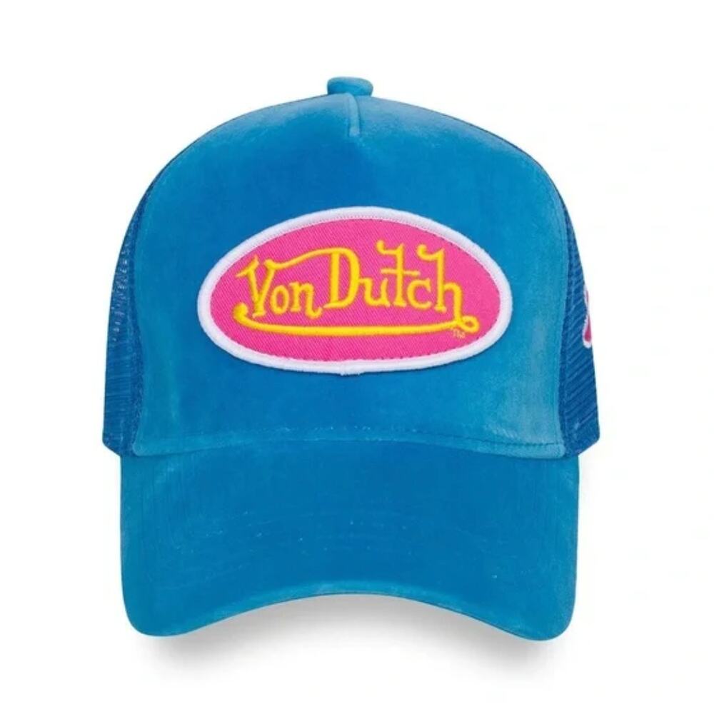 Von Dutch Blue Velvet Pink Yellow Logo Trucker Hat NWT